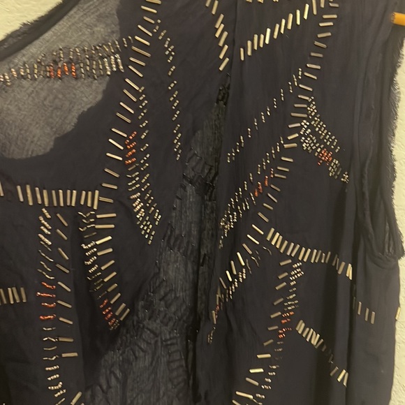 Free People navy blue beaded sleeves less & open back, snap & buckle collar top. - Picture 7 of 10